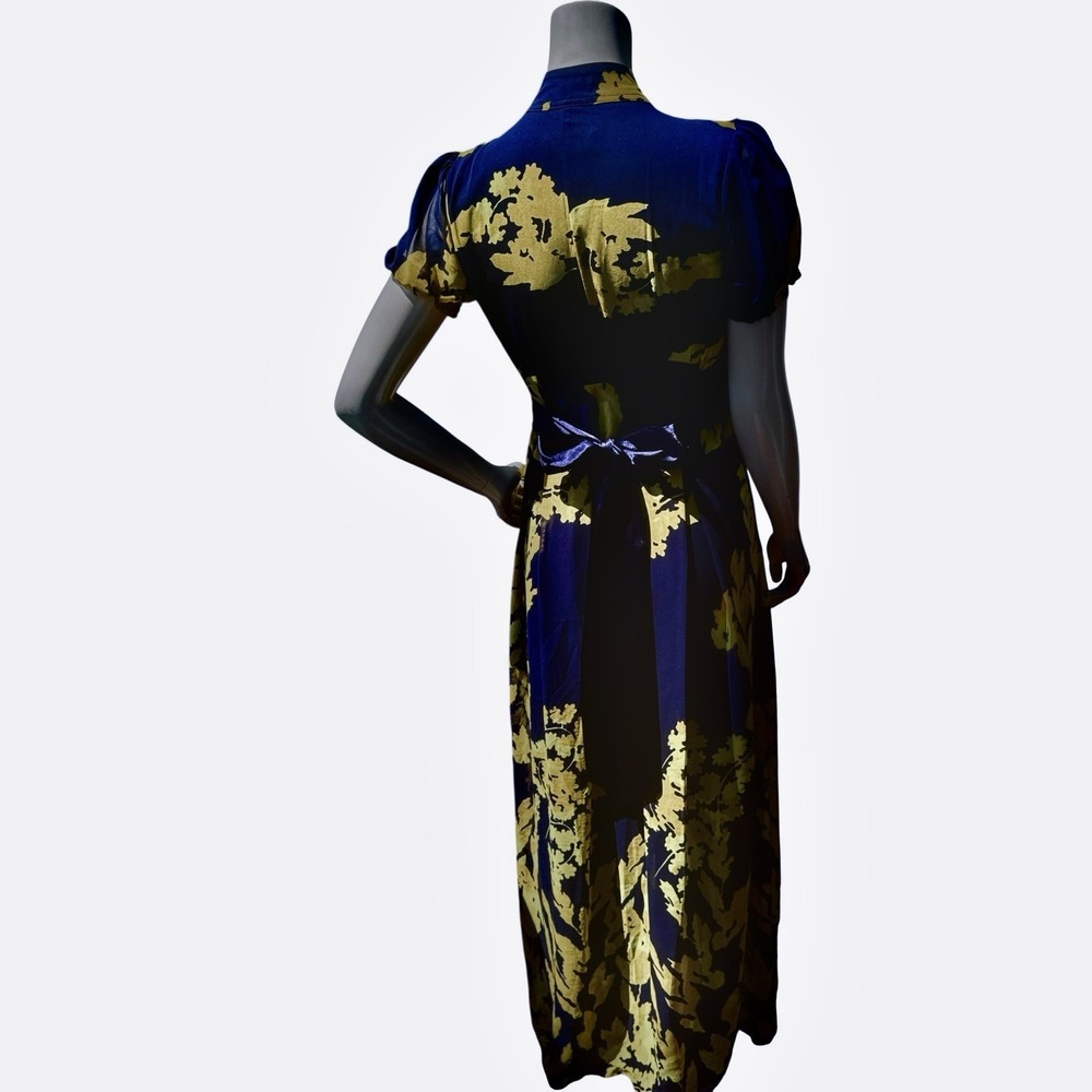 Marchesa Notte Maxi Dress 4 Navy Blue Yellow Flutter Bohemian Luxe Wedding Guest - Picture 6 of 16